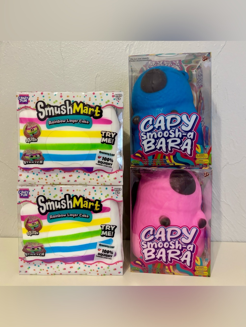 Smushmart RMS Rainbow Layer Cake Squishys + Jumbo Blue & Pink PPNC Capybaras